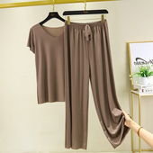 女宽松垂感休闲裤 夏季 v领睡衣套装 T恤薄款 外穿显瘦两件套 冰丝短袖