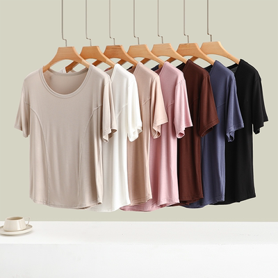 莫代尔薄款拼接圆领短袖T恤女夏大码显瘦内搭打底衫外穿修身上衣