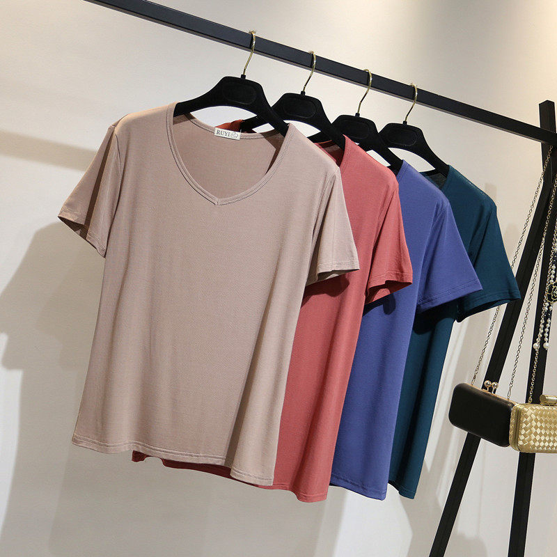 莫代尔短袖T恤女夏季V领修身打底衫体恤韩版百搭宽松显瘦大码上衣