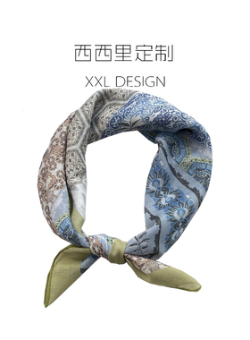 丝巾小方巾女绿色花卉几何系脖棉麻领巾 搭配衬衫的ins头巾发带