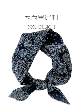 丝巾小方巾女复古黑色腰果花棉麻护颈领巾 搭配衬衫的ins头巾发带