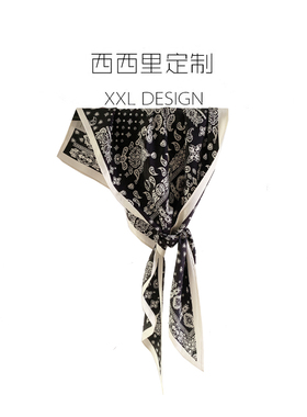 丝巾三角巾女复古高级感黑色腰果花系腰领巾 搭配衬衫ins头巾发带