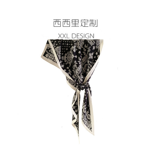 丝巾三角巾女复古高级感黑色腰果花系腰领巾 搭配衬衫ins头巾发带
