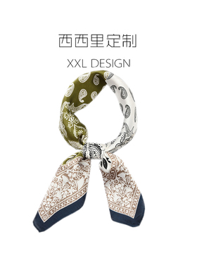 丝巾小方巾女复古小众橄榄绿色腰果花腰带领巾 搭西装ins头巾发带