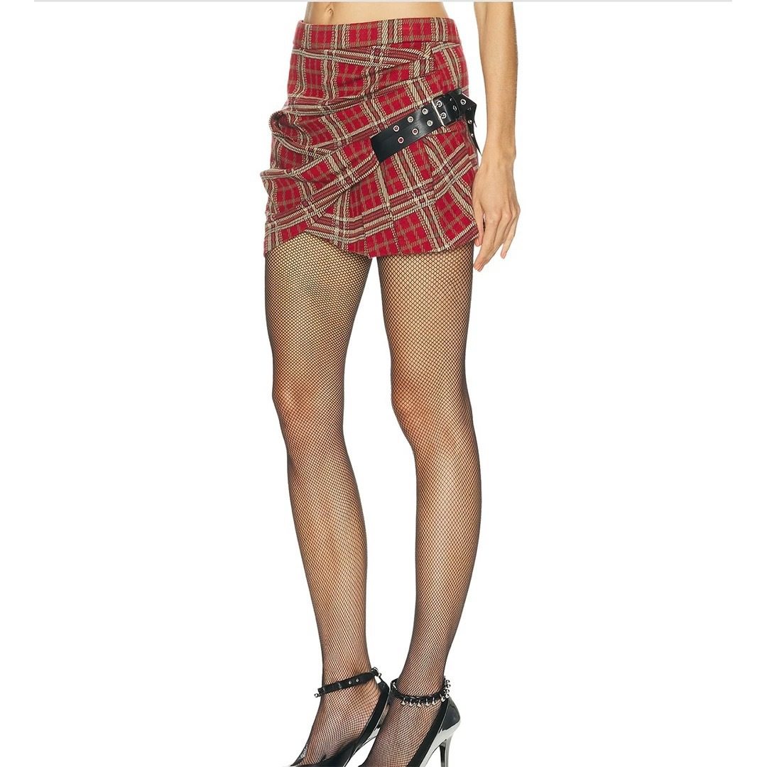 25秋冬新品 90年代复古嬉皮士 不对称叠襟皮带红色格纹半身裙