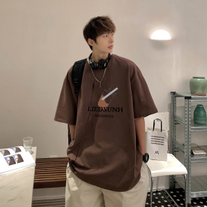 @港风图 2023夏装咖啡休闲百搭图案印花短袖T恤1713-D103-P28控39图片