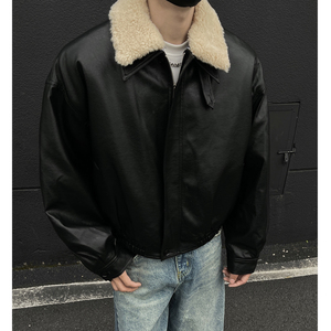 黑墙2短款黑标复合800克羊羔毛可拆卸毛领pu皮加厚棉服 PY88-P128图片