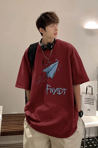 @港风图 2023夏 酒红休闲百搭图案印花短袖T恤1713-D105-P28控39图片