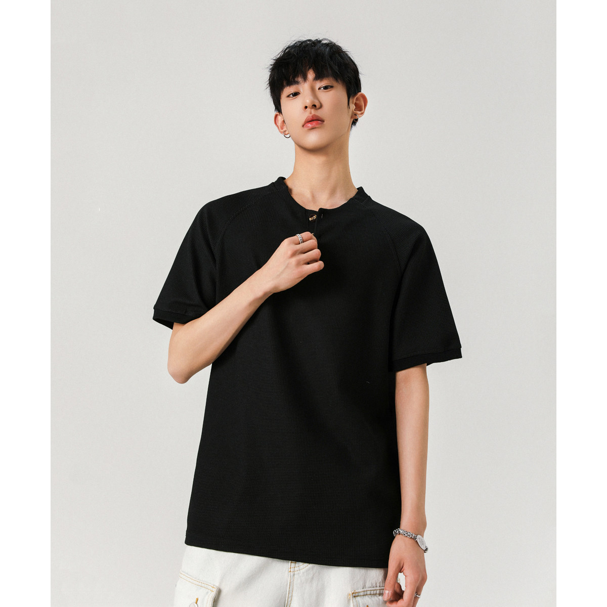 4无影墙280克华夫格亨利领纯色短袖T恤HWH23-P28-控45，男装T恤，星座514A（原614）