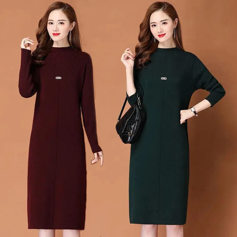 秋冬季新款半高领过膝气质连衣裙女中长款宽松配大衣打底毛衣裙潮