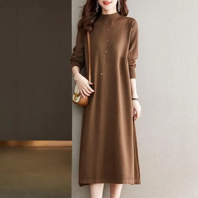 秋冬新款妈妈宽松连衣裙打底中长款针织衫毛衣裙毛衣过膝针织上衣
