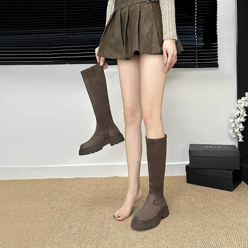 小个子褶皱弹力高筒靴女2025秋冬季新款厚底瘦瘦长靴显瘦棕色长筒