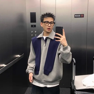 卫衣上衣套头男士学院风假两件春秋季设计感小众披肩袖潮翻领情侣