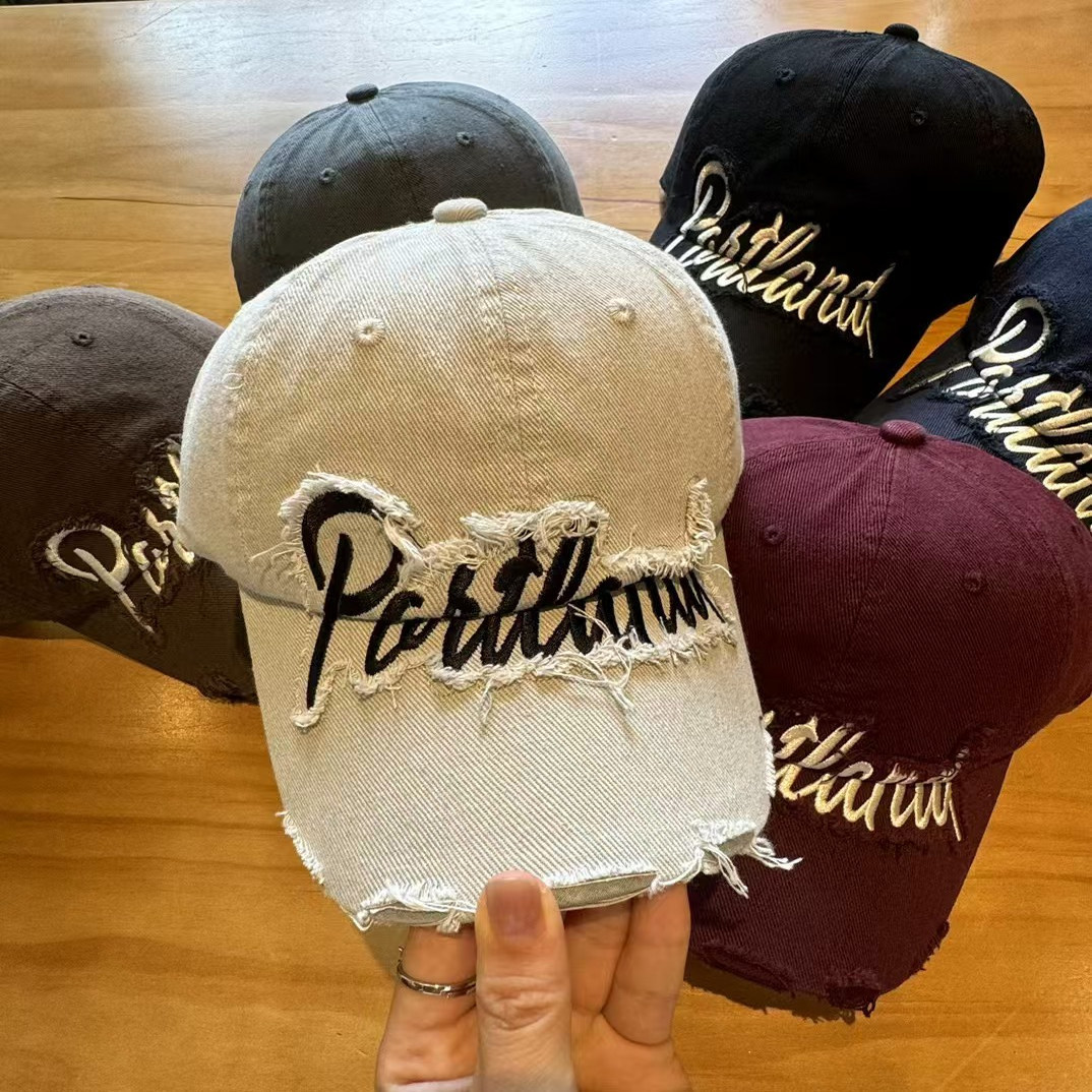 韩系高级感字母刺绣棒球帽男磨边做旧软顶鸭舌帽宽帽檐显脸小帽子