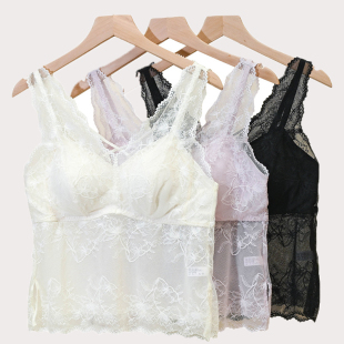 内穿无钢圈桑蚕丝罩杯一体文胸可外穿百搭 蕾丝美背女长款 新款 法式