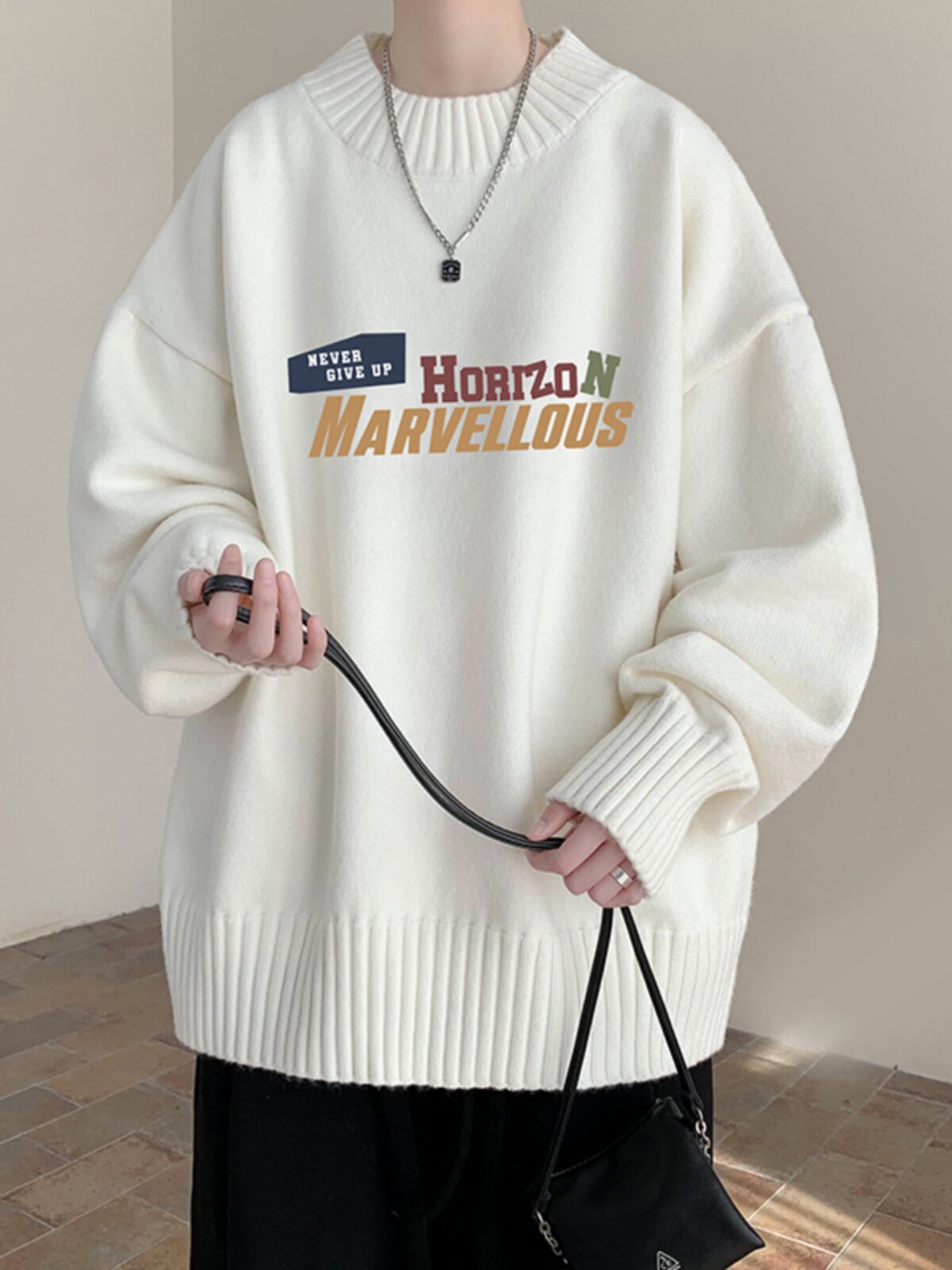 밀키 화이트 일본 디자인 틈새 스레드 니트 스웨터 남성 가을 겨울 초대형 커플 바닥 셔츠