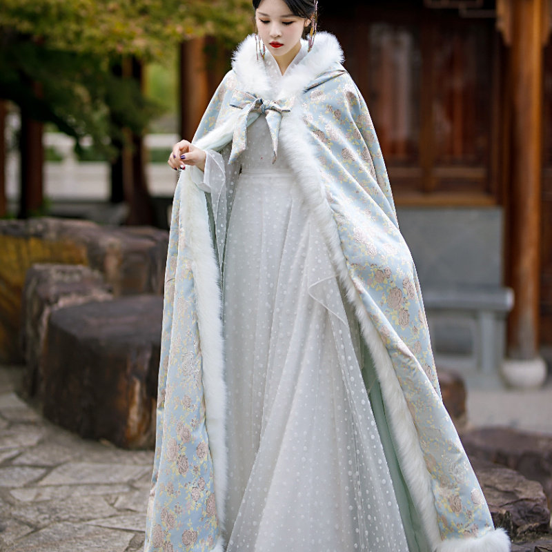 织锦原创斗篷汉服女长款加绒加厚保暖外套中国风披风古装披肩冬装
