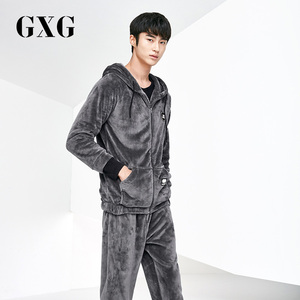 GXG秋冬款男士睡衣男家居服套装加绒加厚珊瑚绒法兰绒保暖时尚长