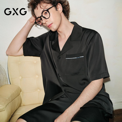 GXG男士家居服 休闲简约织带短袖衬衫顺滑透气睡衣套装