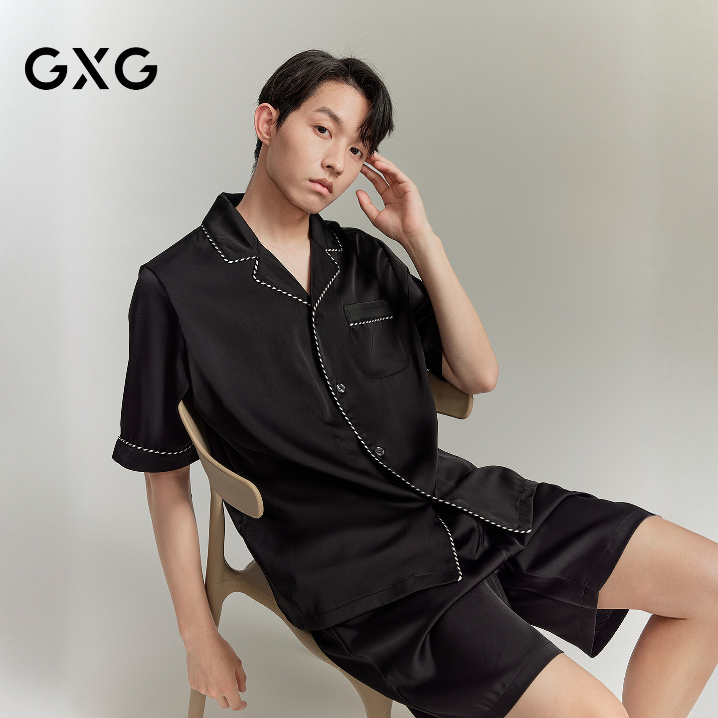 GXG男士家居服 黑白拼色冰丝肌理短袖衬衫透气睡衣套装,女士内衣/男士内衣/家居服,睡衣/家居服套装,淘宝优惠券,粉丝福利购,淘宝优惠卷