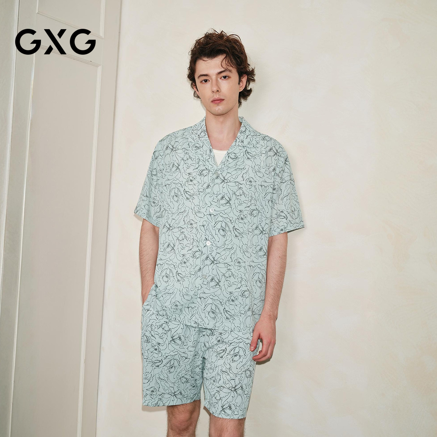 GXG男士家居服 淡绿色花卉线条短袖衬衫度假风舒适透气睡衣套装