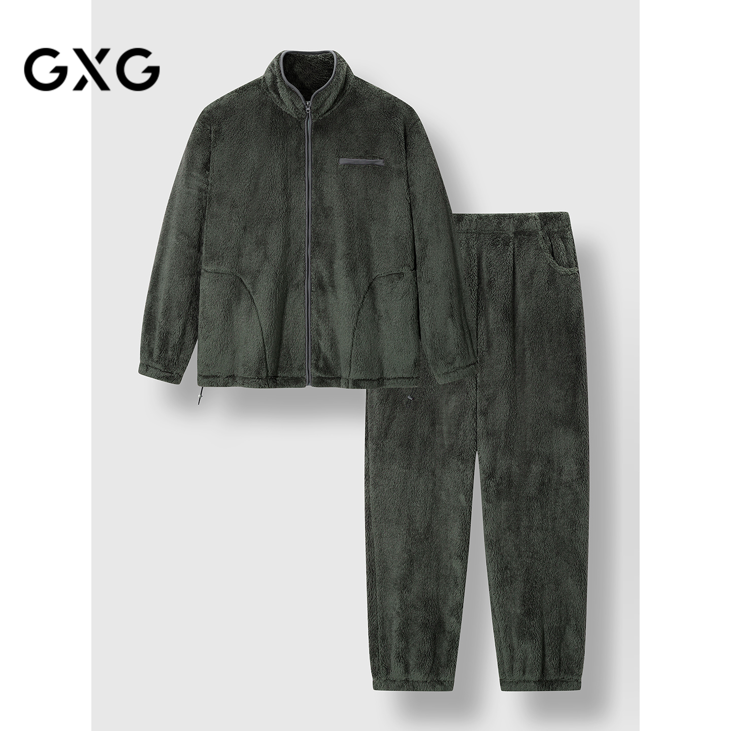 GXG男士家居服 立领拉链绒感长袖外套保暖舒适睡衣套装冬季款