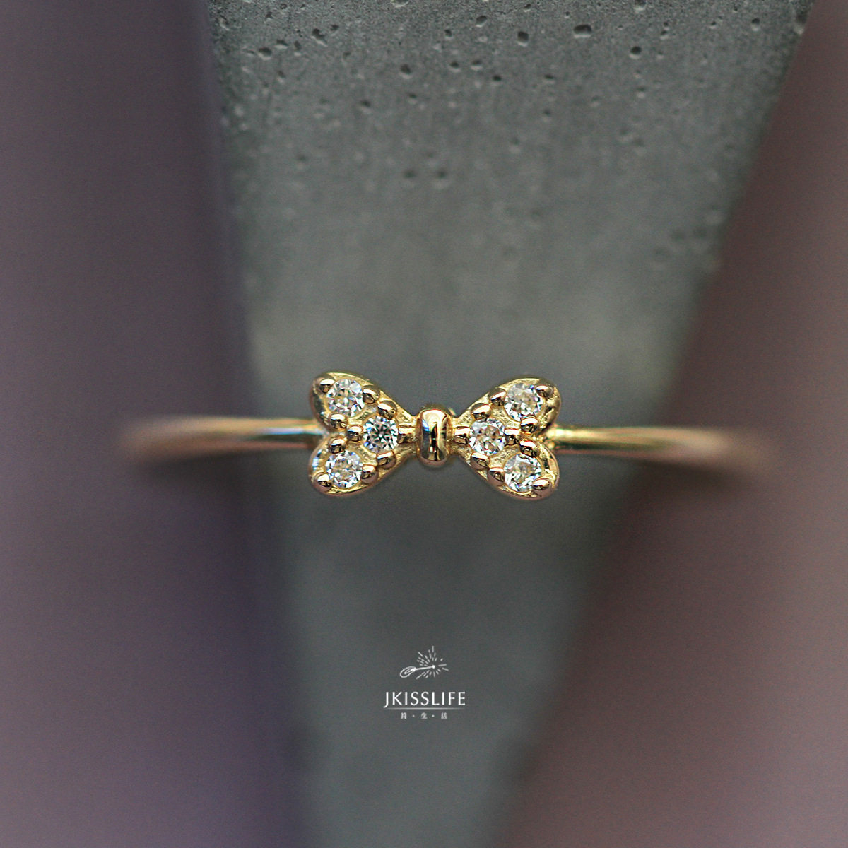 S925纯银镀14K金戒指 女日系精致微镶锆石蝴蝶结戒指尾戒环