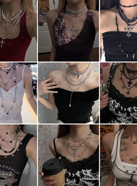 跨境爆款多层叠戴珍珠项链亚文化重工朋克嘻哈Y2K锁骨链颈链批发
