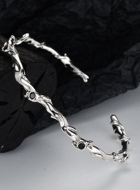 时尚复古S925纯银缠绕树藤手镯女开口可调节气质镶钻手环