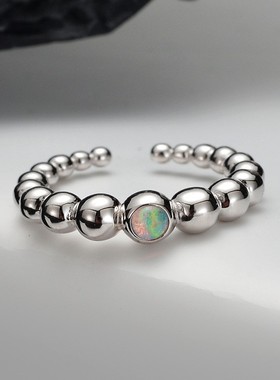 【K社制造】极简轻奢S925纯银亮面几何珠珠戒指女开口欧泊条戒