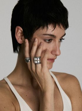 Shell Chain Ring 做旧银方形贝母链条戒指
