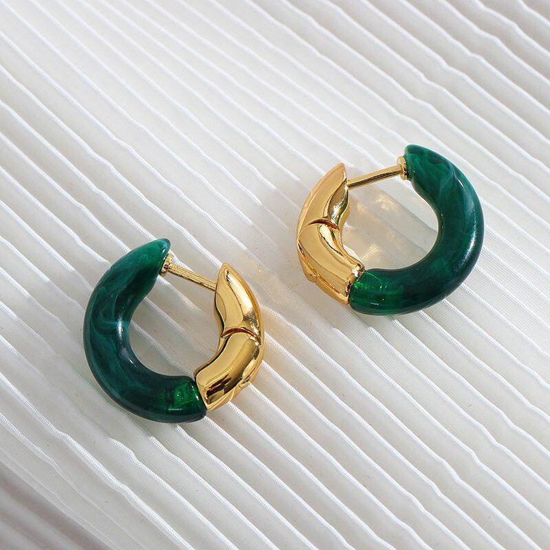 【K社制造】法式复古树脂镀金耳环 亚马逊欧美金镶玉气质耳钉