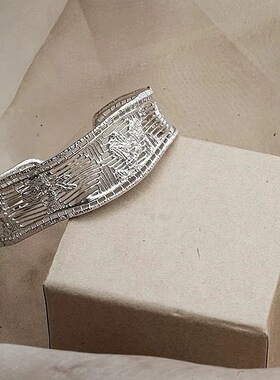 新中式栀子纤维铜镀925银开口手镯女高级手环宽面手镯首饰品