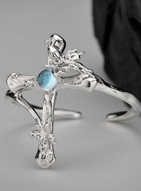 韩版简约小众设计师款S925纯银十字架戒指女开口蝴蝶食指戒