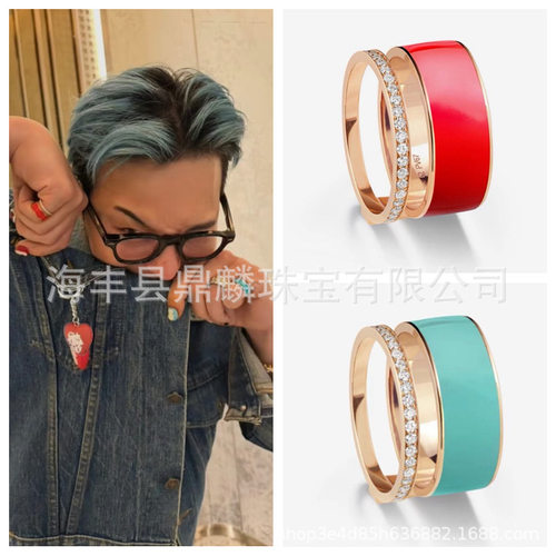 gd权志龙同款男女款式玫瑰金镶钻红蓝色戒指气质百搭潮流指环饰品