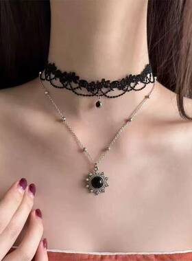 暗黑系复古气质高级锁骨链黑色吊坠choker蕾丝花边流苏项链女配饰