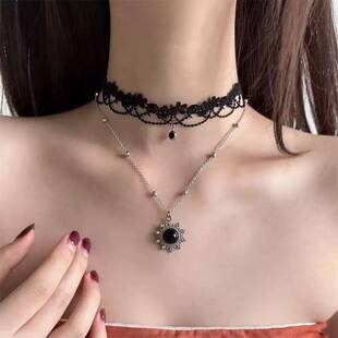 暗黑系复古气质高级锁骨链黑色吊坠choker蕾丝花边流苏项链女配饰