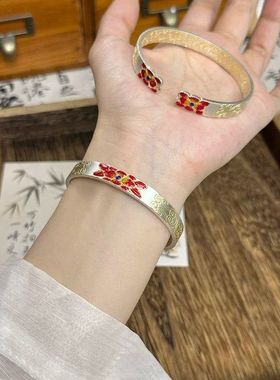 【K社制造】海棠花珐琅彩描金银手镯复古风实心开口手镯