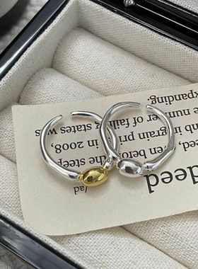 S925纯银韩版小众金银撞色不规则戒指韩国风简约时尚复古指环