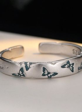 韩版小清新S925纯银蝴蝶戒指女开口个性时髦百搭哑光食指戒