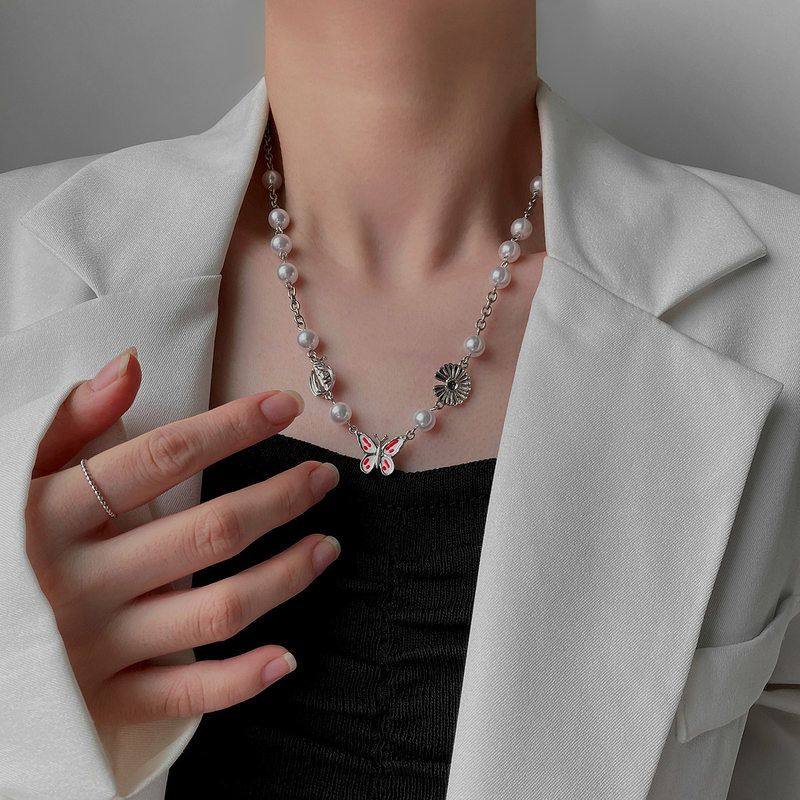 时尚系GD权志龙珍珠项链女气质锁骨链欧美个性粉色小蝴蝶颈链