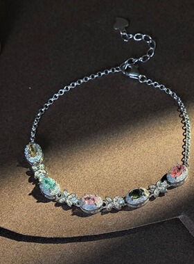 爆款925纯银镶天然碧玺彩宝手链轻奢小众简约百搭网红银手链