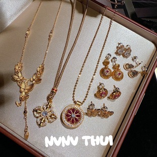 古法金色点钻玲珑花蝴蝶项链 新中式 碎冰冰葫芦福禄耳环珠宝套装