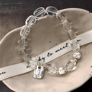 S925纯银轻奢水晶弹力绳简约银牌手链高级感气质设计款手链