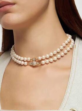 土星双层珍珠磁扣项链高版本轻奢百搭锁骨链