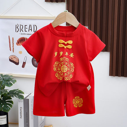 百岁宝宝衣服周岁红色分开分体唐装短袖套装中国风礼服婴儿两件套
