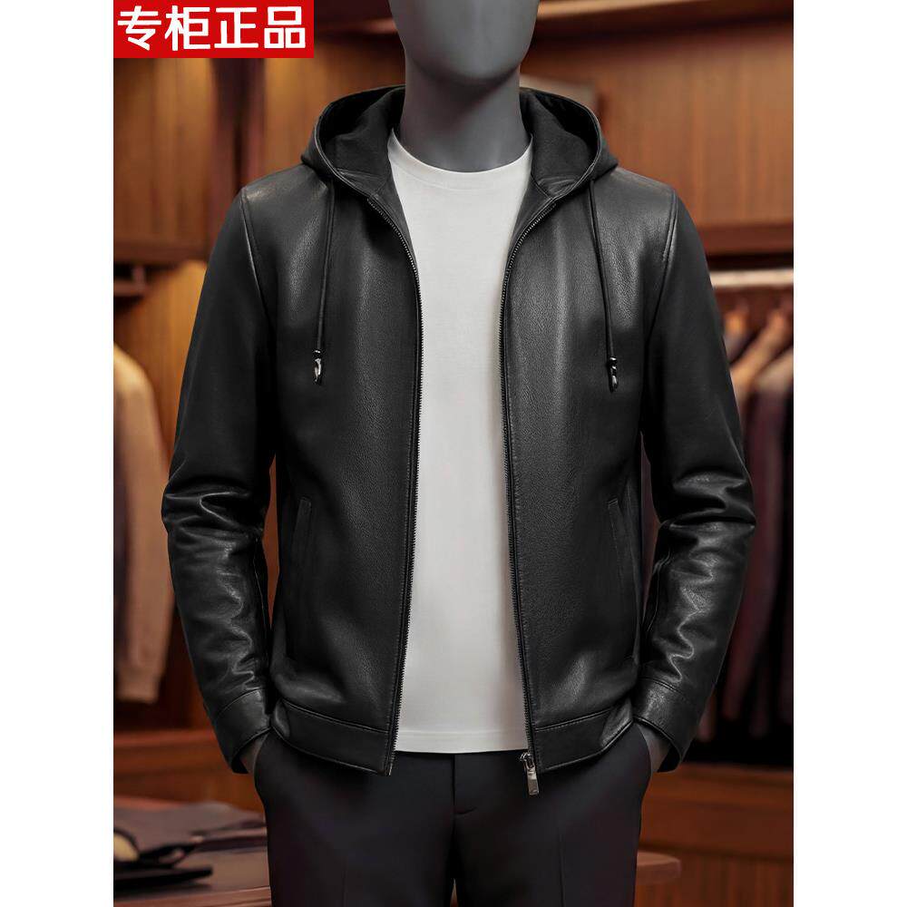 2026新款连帽真皮皮衣男短款商务休闲秋季中年黑色绵羊皮夹克外套