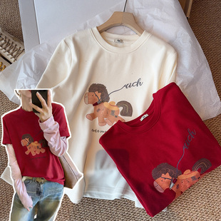 010320~「新年小马暖绒T」韩系！小马印花女士短袖/长袖T恤