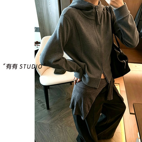 秋款简约双拉链女士连帽外套