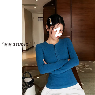 101422~「鱼骨亨利衫」韩系！秋款半开扣显瘦女士长袖T恤